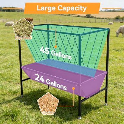 70 Gallon Pasture Hay Feeder, Heavy-Duty 2-in-1 Livestock Feeder with Grain Trough, Galvanized Steel Hay Rack for Goats, Sheep, Calves & Miniature Horses, Weather Resistant Farm Manger