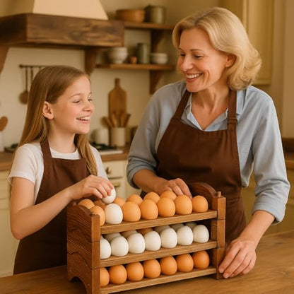 Egg Holder for Countertop, 3-Tier Wooden Rack, Holds 54 Fresh Eggs | Pulchrum rustic farmhouse pine organizer & display stand, stackable for kitchen counter or pantry, hard-boiled use, gift