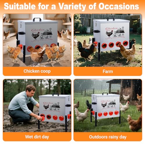 100LB Large Automatic Chicken Feeder–10 Feeding Ports No-Waste Galvanized Metal Chicken Feeder Box with Adjustable Legs & Locking Lid Poultry Feeder for Chickens,Ducks,Geese,Rust-Resistant - size: 100LB