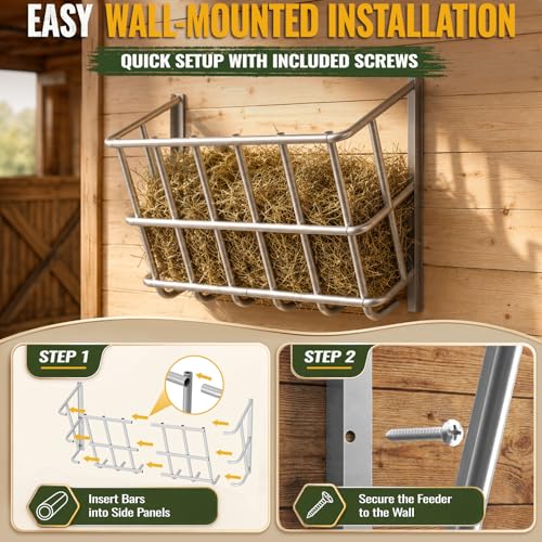 20 Gallon Wall Mount Hay Feeder, Metal Hay Rack for Goats and Horses | Galvanized steel, livestock feeding rack, barn stall feed holder, space-saving, rounded edges, easy install - color: 20 Gallon