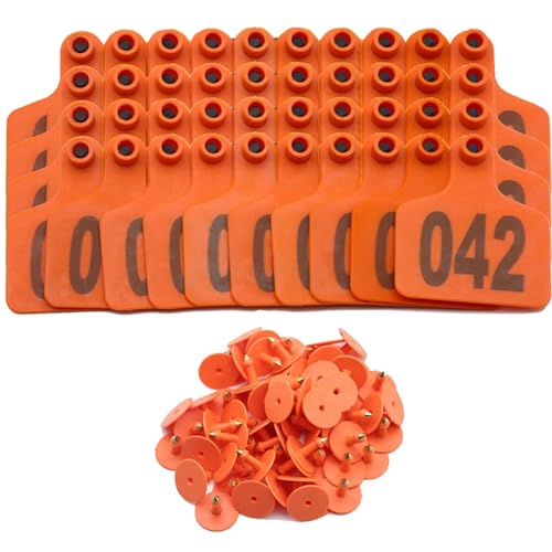 Cattle Ear Tags Thickened Plastic Livestock Ear Tags with Numbers or Cattle Goat Pigs Cow Identification Ear Tags 301-400 Orange - size: 301-400