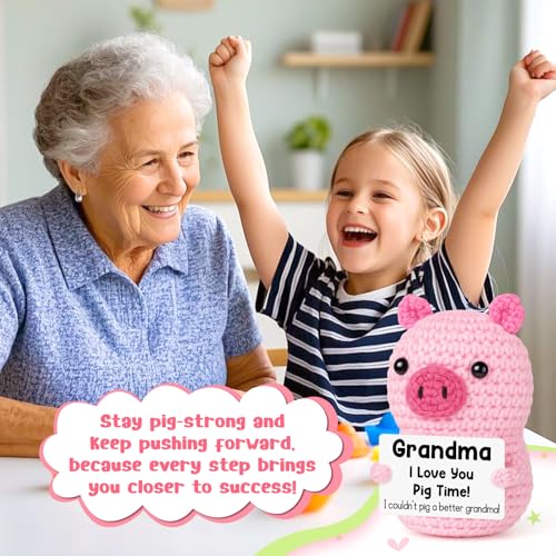 GevGuxLuo Funny Positive Pig Birthday Gifts for Grandma Women,Handmade Crochet Animals Pig Grandma Gifts from Granddaughter Grandson for Birthday Positive Cute Desk Decor - style: Grandma