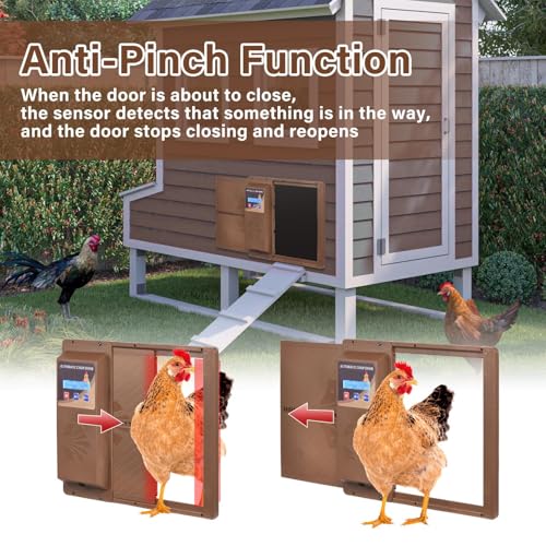 Large Automatic Chicken Coop Door, Side Opening Poultry Entry with Timer Control, Anti-Pinch Safety, Battery or USB Power, LCD Screen, Quick Install for Backyard Chicken House - color: Coffee