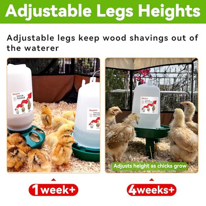 2-in-1 Chick Starter Set: 0.3 Gal Feeder & 0.4 Gal Waterer with Adjustable Legs for Baby Chicks, Hanging Hooks, Anti-Drown Design - BPA-Free Plastic (Green) - color: Green