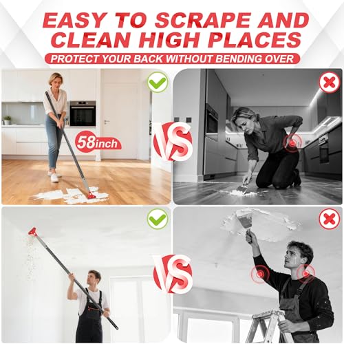 Floor Scraper Long Handle Heavy Duty (30"-58" Adjustable), 4 Inch Razor Blade Scraper Tool for Cleaning Floor Wall Glass Tile Paint Sticker Gum, 10 Extra Blades