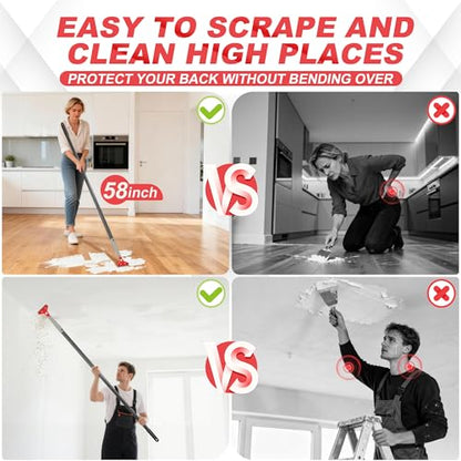Floor Scraper Long Handle Heavy Duty (30"-58" Adjustable), 4 Inch Razor Blade Scraper Tool for Cleaning Floor Wall Glass Tile Paint Sticker Gum, 10 Extra Blades