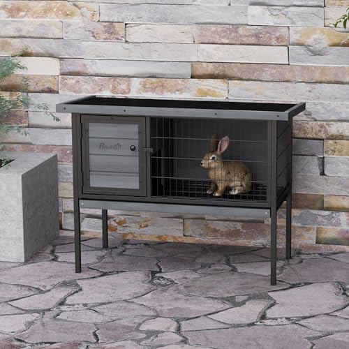 PawHut Rabbit Hutch Elevated Bunny Cage Small Animal Habitat with Metal Frame, No Leak Tray, Metal Wire Pan and Openable Water-Resistant Asphalt Roof for Indoor/Outdoor Gray - color: Gray