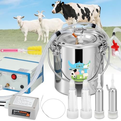 Upgraded 2 in 1 Goat Milking Machine 7L, 304 Stainless Steel Bucket, with 4 Teat Cups for Goat & Cow, Continuously Adjustable Pulsation Vacuum Milker - size: 7L
