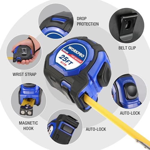 WORKPRO 25FT Auto-Lock Tape Measure, 1/8 Fractions Easy Read Measuring Tape, Double Retract Measurement Tape Accuracy 1/32 for Engineer,with Magnetic Hook, Rubber Protective Casing - color: Blue