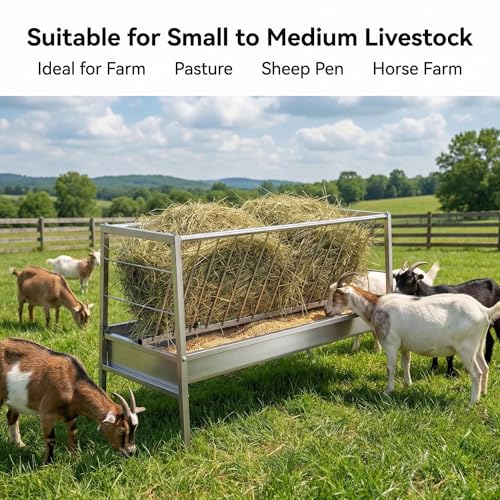 Goat Hay Feeder, 92 Gallons Large Capacity Goat Feeder, Stainless Steel Hay Feeder for Goats with Durable Frame, Deeper Feeding Pan for Goats, Sheep, Horse, Silver (Stainless Steels) - style: Stainless Steels