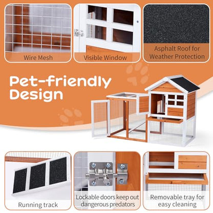 Outvita Rabbit Hutch, Small Wood Chicken Coop, 48" Guinea Pig Cage w/Pull-Out Tray, Waterproof Asphalt Roof, Chicken Run, Interactive Door for Small Animal Pen Outdoor