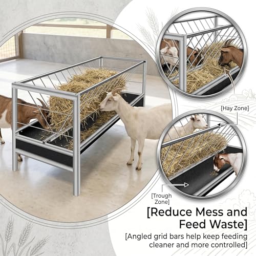Livestock Feeder, Stainless Steel Goat Feeder for Goats Sheep Horses and Calves, 77 Gallon Hay Feeder with Rubber Trough Livestock Feeder