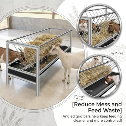 Livestock Feeder, Stainless Steel Goat Feeder for Goats Sheep Horses and Calves, 77 Gallon Hay Feeder with Rubber Trough Livestock Feeder
