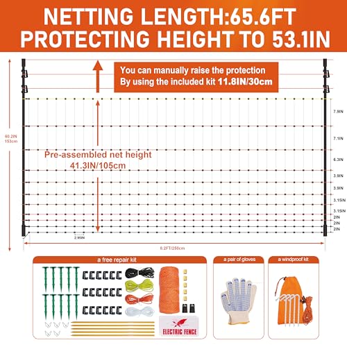 Poultry Electric Netting Fence - 41.3''H (can be Manually Raised to 53.1''H) x 65.6'L for Flying Chicken, Sheep, Goats in Farms, Ranches and Gardens, PK1 - style: (41.3 to 53.1)" x 65.6' - PK1