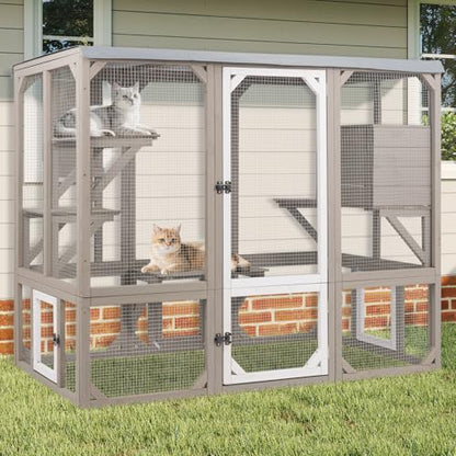 Ketive Catio Outdoor Cat Enclosure, Wooden Cat Catio, Large Weatherproof Cats House with Multiple Platforms and 1 Resting Boxes for Multiple Cats - size: 59" L x 27.5" W x 47.2" H