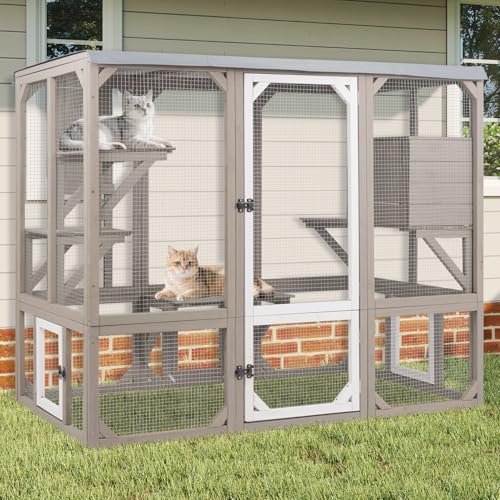 Ketive Catio Outdoor Cat Enclosure, Wooden Cat Catio, Large Weatherproof Cats House with Multiple Platforms and 1 Resting Boxes for Multiple Cats - size: 59" L x 27.5" W x 47.2" H