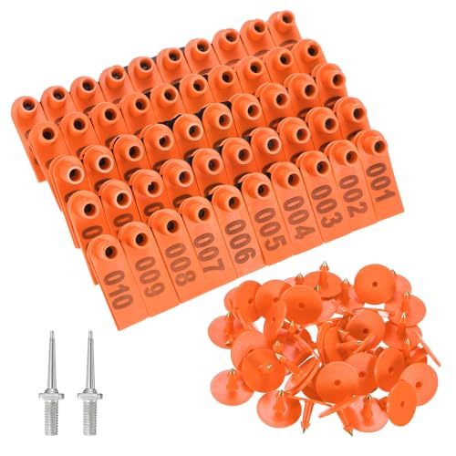 M METERXITY 100-Pack Sheep Ear Tags 001-100 Number, Plastic Livestock Tags with 2 Ear Label Needles for Cows/Sheep/Cattle/Pig, Farm Animal Identification Markers [Orange] - color: Orange