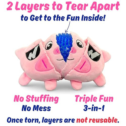 Piggy 3 in 1 Plush Pig Dog Chew Toy with Squeaky Ball Inside for Aggressive Chewers, Super Interactive, No Stuffing, Strong Tough Heavy Durable, Birthday Gift Box for Small & Large Breeds - color: Pink