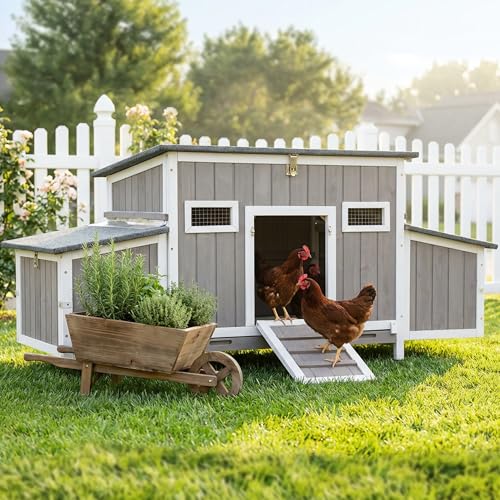 Wooden Chicken Coop, Outdoor Poultry House with Weatherproof Asphalt Roofs, Removable Tray & 2 Nesting Boxes, Ramp Door, Ventilation Windows, Chicken House for 2-4 Chickens Backyard Garden