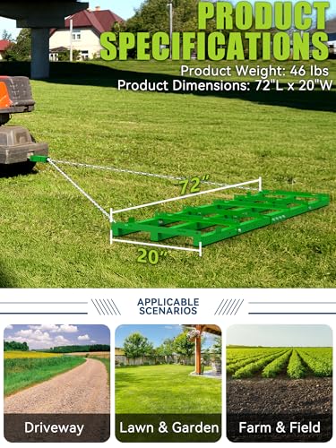 6ft Heavy Duty Drag Harrow for ATV, UTV, Tractor - Adjustable Tow Behind Leveling Rake with Weight Tray for Driveway Grader, Lawn, Field, Pasture, Food Plot Maintenance, Green(72 inch) - size: 6 ft