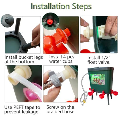 Automatic Chicken Waterer Self-Filling Float Controlled Poultry Water Feeder 4 Gallon Free-Standing Chicken Water Fountain Dispenser Auto Chicken Watering System Pigeon Bird with Hose and Water Cups