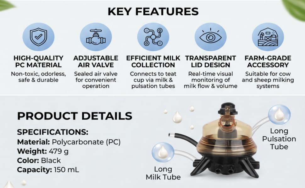 150ml Cow Milk Collector, Replacement Milking Machine Part with Plastic Base for Dairy Farm Cow and Sheep Milking Station