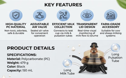 150ml Cow Milk Collector, Replacement Milking Machine Part with Plastic Base for Dairy Farm Cow and Sheep Milking Station