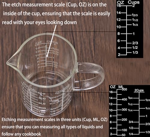 Ackers Mirror Etching Scale Glass Measuring Cup-[Insulated handle | V-Shaped Spout]-Made of High Borosilicate Glass Measuring Cup for Kitchen or Restaurant, Easy to Read, 500 ML (16 Oz, 2 Cup) - size: 500 ML (16 Oz, 2 Cup) - Mirror Etching