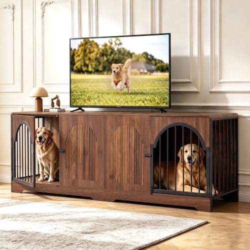 87" Extra Large Dog Crate TV Stand for 2 Dogs, Double Dog Crate with Removable Divider, Heavy Duty Wooden Dog Kennel with Arched Metal Doors & 4.3" Robot Vacuum Clearance, Ships in 2 Boxes (Walnut) - color: Walnut