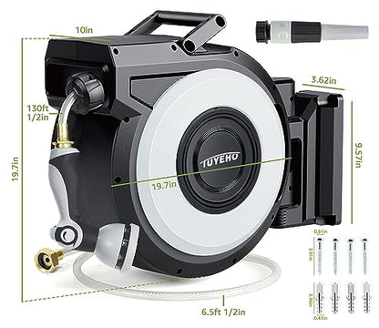 Tuyeho Heavy-Duty Automatic Retractable Garden Hose Reel 130FT Wall Mount | Automatic Rewind, Any Length Lock, 2 Nozzle, Rustproof, Easy Install, Garden Watering, Car Wash, Pet Shower,Lifetime Service - size: 1/2" 130FT