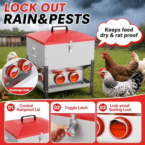 75LB Large Automatic Chicken Feeder with 8 Ports, Dual No Waste Design Metal Chicken Feeders with Locking Lid & Riveted Handles- Waterproof Poultry Feeder for Chickens, Ducks, Geese - size: 8 Ports