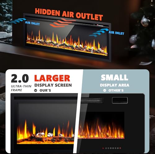 EUHOMY 50 Inch Electric Fireplace Recessed Wall Mounted Freestanding with Remote Control, Ultra-thin Fireplace Heater with Adjustable Flame Color, Linear Fireplace with Timer, Log & Crystal, 750/1500W - size: 50 Inch Premium