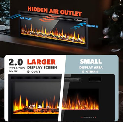 EUHOMY 50 Inch Electric Fireplace Recessed Wall Mounted Freestanding with Remote Control, Ultra-thin Fireplace Heater with Adjustable Flame Color, Linear Fireplace with Timer, Log & Crystal, 750/1500W - size: 50 Inch Premium