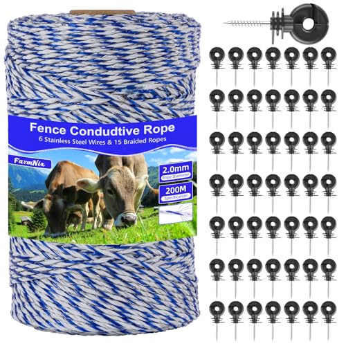 656ft Electric Fence Polywire with 50Pcs Electric Fence Insulators&1 Insulated Sleeve,6 Stainless Steel Strands for Reliable Conductivity&Rust Resistance,Portable Electric Fence Wire Kit for Livestock - size: Polywire withBox