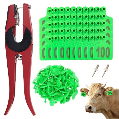 Cattle Ear Tags Numbered 001-100 with Pliers, Plastic Livestock Animal Ear Tag for Cows Goats Sheep Pigs (Green) - color: Green