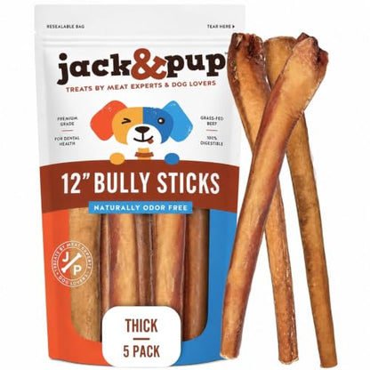 Jack&Pup 12 Inch Bully Sticks for Large Dogs (5 Pack) Thick Odor Free Bully Sticks, Long Lasting Pizzle Sticks for Dogs