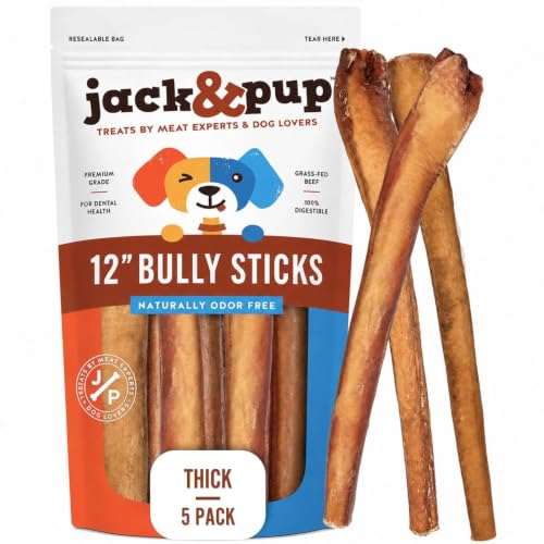 Jack&Pup 12 Inch Bully Sticks for Large Dogs (5 Pack) Thick Odor Free Bully Sticks, Long Lasting Pizzle Sticks for Dogs