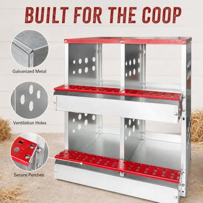 4-Compartment Roll Away Chicken Nesting Box for Hens, 21 Inch | Metal build, Egg collection tray, Perch, Protective lid, Wall mount, Freestanding setup, Ducks, Backyard coop, Barn supply - size: 16.3"L x 16.9"W x 24.4"H