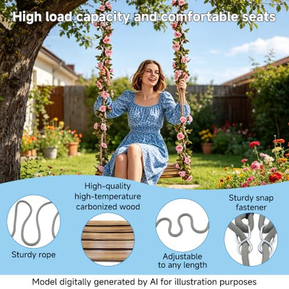 Swing Seat with Floral Garland, for Adults, Indoor and Outdoor | 24"x 8" Large Seat, 500lbs Capacity, Adjustable Rope And Tree Straps Included, Wooden Swing For Patio Garden Balcony