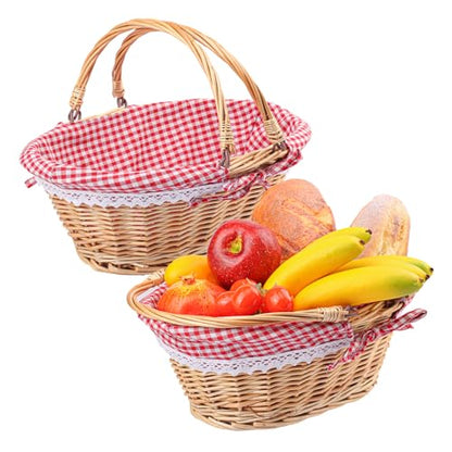 2 Pack 12.6 Inch Natural Wicker Basket with Checkered Lining, Oval Wicker Woven Basket with Handle, Willow Woven Picnic Baskets for Picnic, Camping, Party(Small) - size: 2 Pack 12.6in Natural(Round willow)