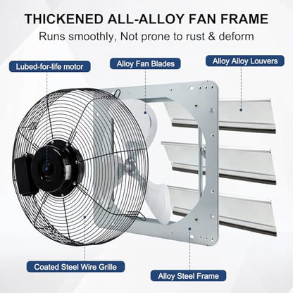 Criditpid 14 Inch Wall Mounted Shutter Exhaust Fan with ON/OFF Switch, High-Speed, Low-Noise Pure Copper Motor, Wall Exhaust Fan for Gable, Shed, Garage, Greenhouse, Kitchen, Attic, 1088CFM, 1450RPM. - size: 14 Inch Exhaust Fan