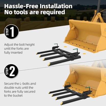 Clamp On Debris Forks To 48-60" Bucket, Heavy Duty Pallet Fork Fit For Loader Bucket Skidsteer Tractor,43" 2500 LBS - size: 43" 2500 LBS