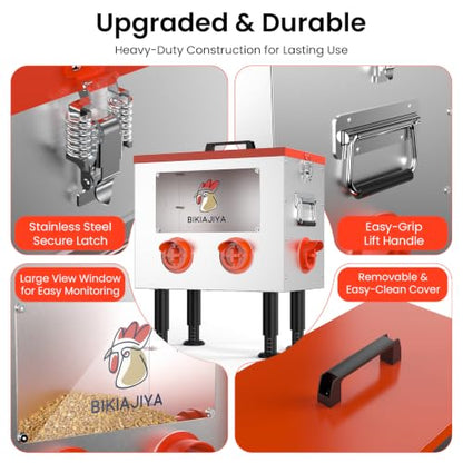 BIKIAJIYA Automatic Chicken Feeder, 55LB Large Capacity, Viewing Window Anti-Waste Rust-Proof Alloy Steel, 6 Feeding Ports, Waterproof & Rodent Proof, Adjustable Legs & Locking Lid for Chickens, Ducks