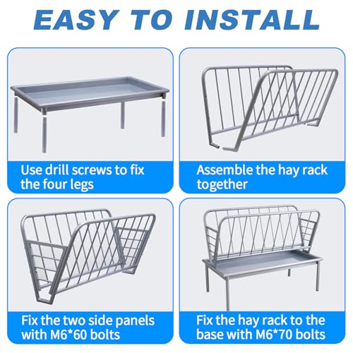 47.2" x 22.5" x 23.6" Heavy Duty Galvanized Steel Hay Feeder, Large Capacity 2 in 1 Grain & Hay Rack, Multiple Sided Pasture Hay Rack for Sheep Horses, etc