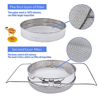 Honey Strainer for 5 Gallon Bucket Stainless Steel Double Sieve Honey Filter Strainer for Clean Honey with Up to 16.5 inches Extendable Arms