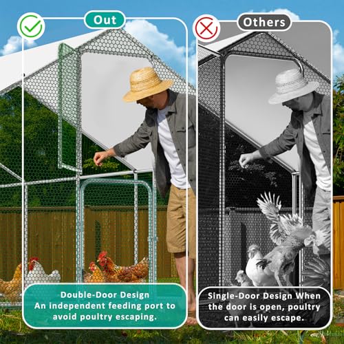 Large Metal Chicken Coop, Walk-in Chicken Run with Feeding Door, Security Lock and Cover, Outdoor Duck/Rabbit Cage Poultry Pen for Backyard, Farm, Yard (Silver - Spire Roof, 19.6 x 9.8 x 6.6 FT) - size: 235.0"L x 118.1"W x 78.8"H