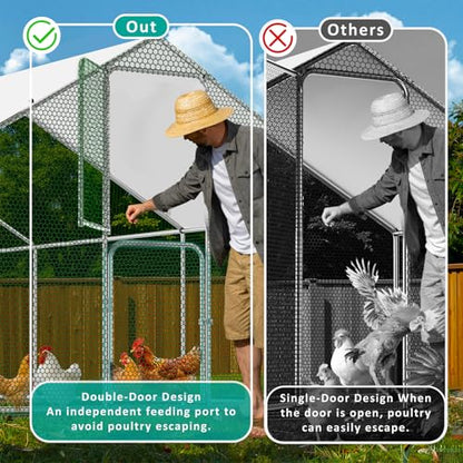 Large Metal Chicken Coop, Chicken Run with Feeding Door, Security Lock and Cover, Outdoor Walk-in Duck/Rabbit Cage Poultry Pen for Backyard, Farm, Yard (Silver - Spire Roof, 19.7 x 9.8 x 6.5 FT) - size: 236.2"L x 118.0"W x 78.7"H