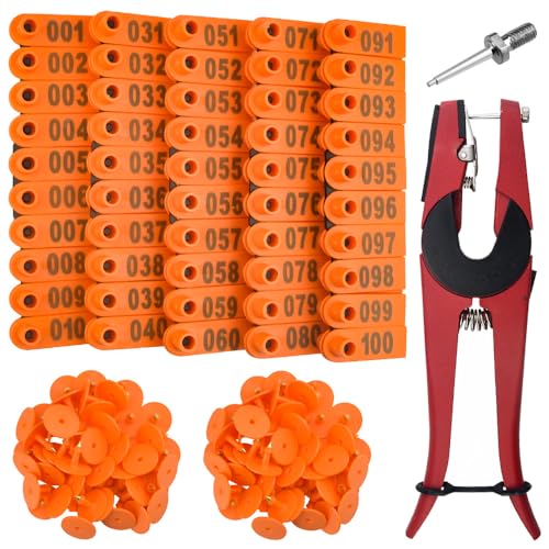 WMYCONGCONG 1-100 Numbered Livestock Ear Tags Farm Animal Identification Ear Tag and 1 PCS Ear Tag Applicator Plier for Goat Sheep (Orange) - color: Orange