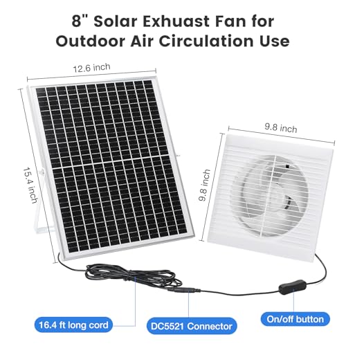 Fanspex Solar Exhaust Fan, Solar Powered Vent Fan Kit for Outside Greenhouse Shed Chicken Coop (8" Fan) - size: 8" Fan