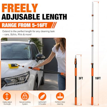 LAANPOLE 16FT Car Wash Brush with Long Handle, Car Cleaning Brush with 12 Inch Soft Bristle, Solar Panels Cleaner with Telescoping Pole for RV, Truck, Boat